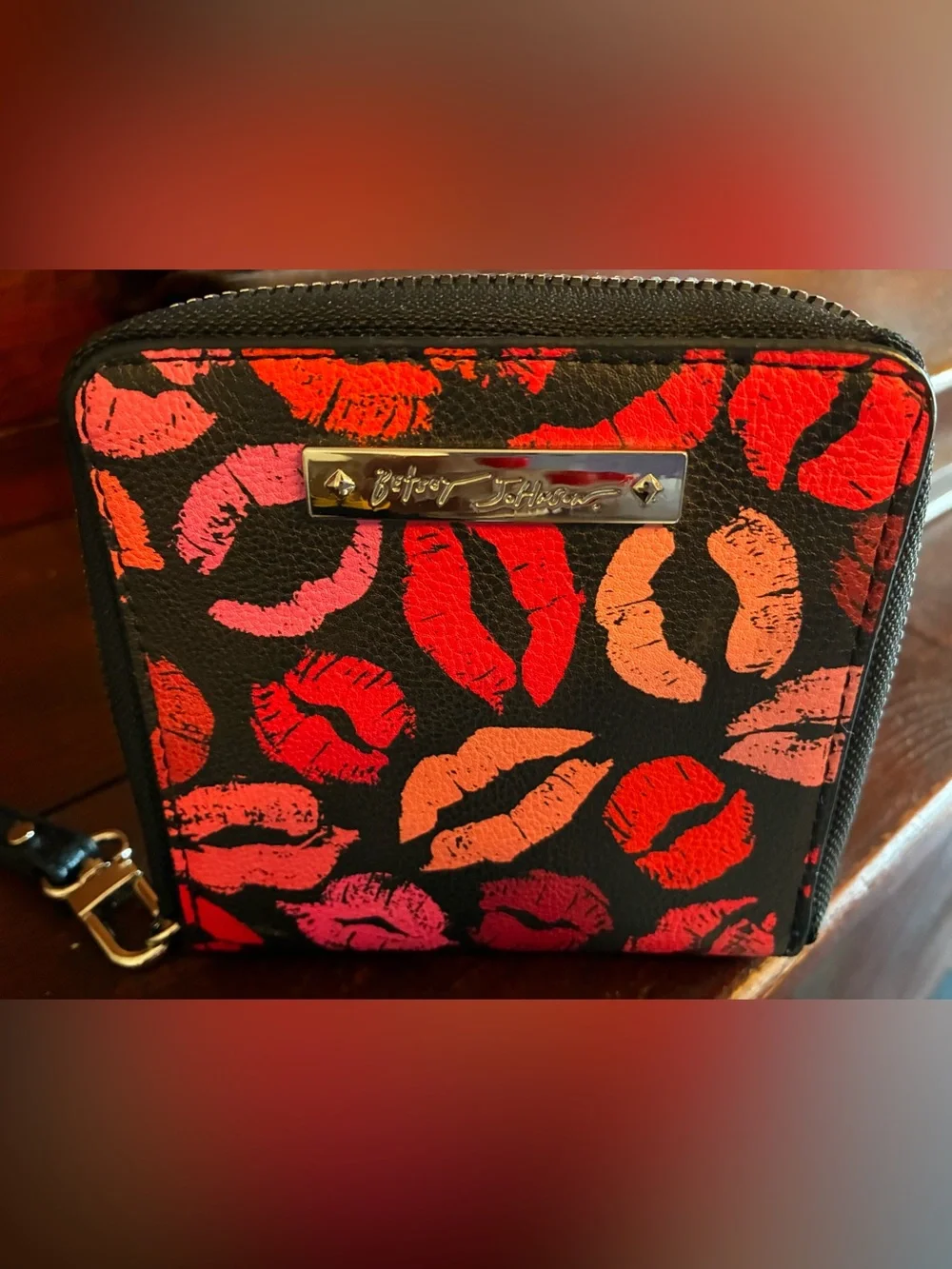 Betsey Johnson Black Wallet with Pink & Red Lip Print